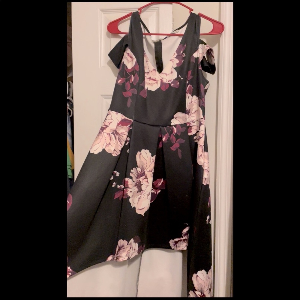 High to low, cold shoulder black and purple floral evening gown